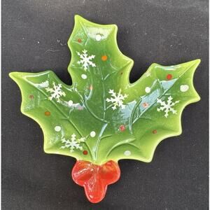 Vintage Green And Red Ceramic Holly And Berry Candy Dish -C5